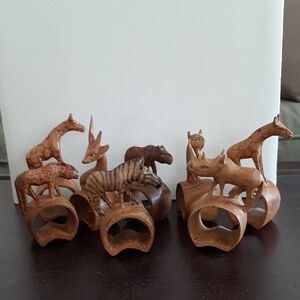 8 Wooden Hand Carved Animal Napkin Rings. Carved In Kenya